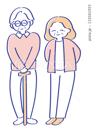 老夫婦の可愛い線画イラスト　シンプル　手書き 119381955