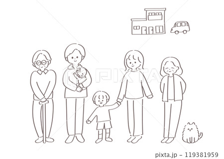 2世帯住宅と2世帯家族のイラスト　ゆる可愛い線画　白黒 119381959