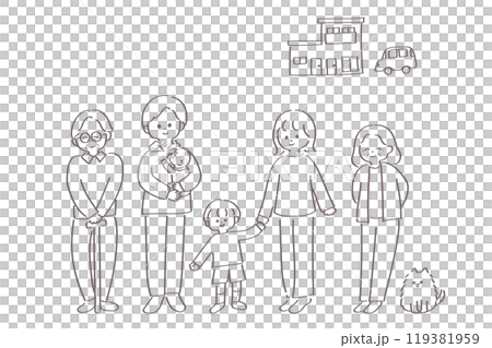 2世帯住宅と2世帯家族のイラスト　ゆる可愛い線画　白黒 119381959