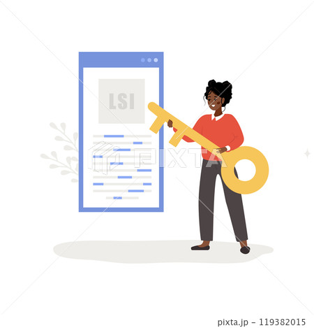 Lsi keyword. Latent Semantic Indexing. SEO concept. Vector illustration in flat cartoon style. African female character with key is engaged in Web analysis and word search optimization 119382015