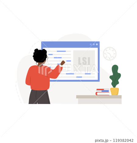 Lsi keyword service. Latent Semantic Indexing. Key phrases generator. Vector illustration in flat cartoon style. African female character is engaged in Web analysis and word search optimization 119382042