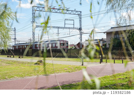 近鉄電車と柳 119382186