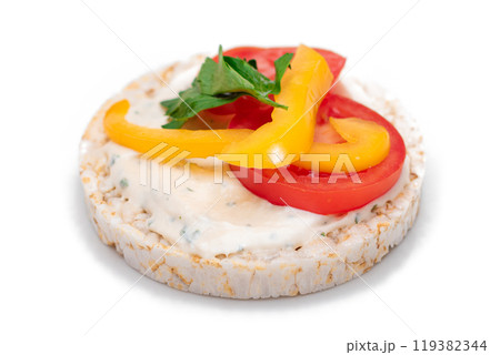 Vegan Rice Cake Sandwich with Fresh Tomato, Yellow Paprika and Greens - Isolated 119382344