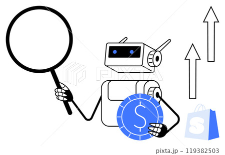 Robot Analyzing Financial Growth with Magnifying Glass and Coin in Hand 119382503