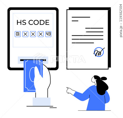 HS Code Entry with Currency Insert and Signed Document with Person Pointing 119382504