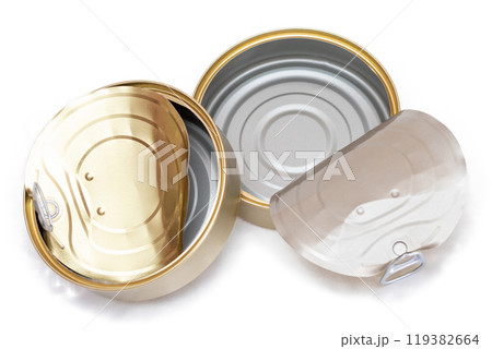 Two Opened Empty Tin Cans With Broken Cover Isolated on White Background Two Opened Empty Tin Cans With Broken Cover Isolated on White Background 119382664
