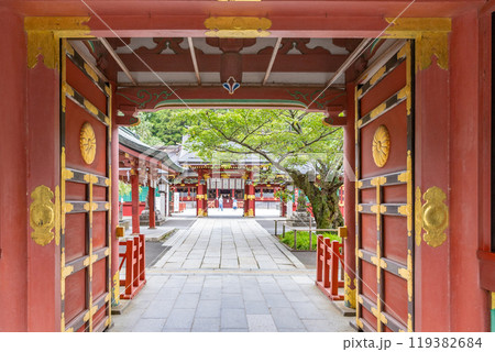 塩釜神社 随身門から門・廻廊 左右宮拝殿を臨む 塩釜神社 随身門から門・廻廊 左右宮拝殿を臨む 119382684
