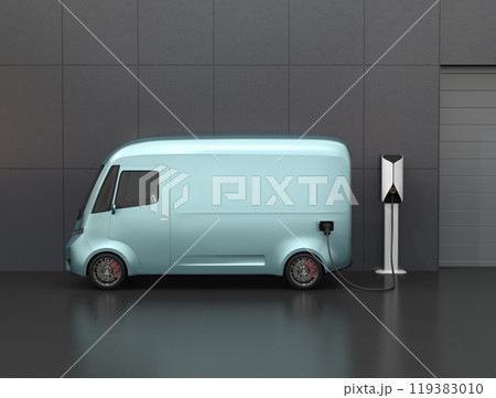 宅配センターの駐車場に充電している電動宅配車 宅配センターの駐車場に充電している電動宅配車 119383010