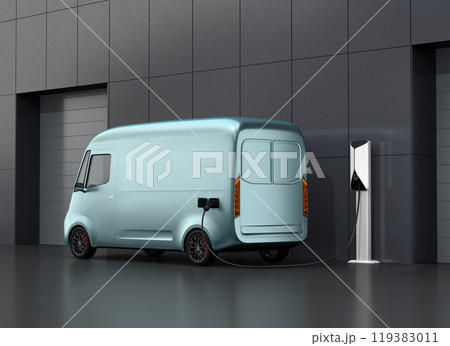 宅配センターの駐車場に充電している電動宅配車 宅配センターの駐車場に充電している電動宅配車 119383011