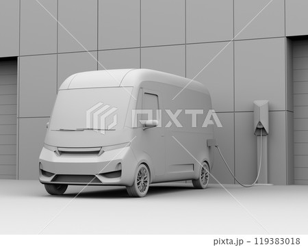 宅配センターの駐車場に充電している電動宅配車のクレイレンダリングイメージ 119383018