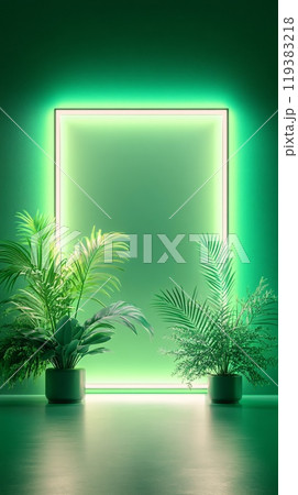 Neon Backlit Frame with Artificial Plants on Dark Background Bright Design 119383218