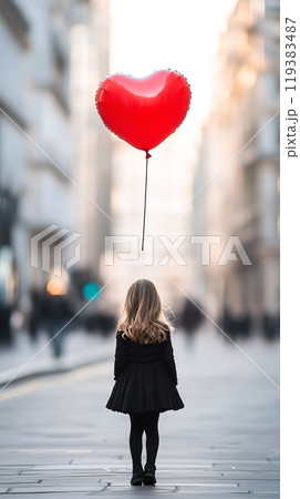 Young Girl in Black Dress Holding Heart-Shaped Red Balloon in Urban Setting 119383487