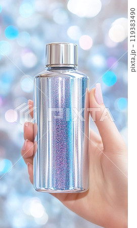 Hand Holding Shiny Metallic Bottle with Abstract Bokeh Background for Lifestyle 119383490