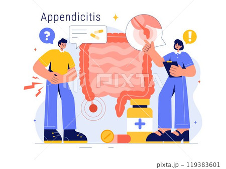 Appendicitis Vector Illustration Featuring Inflammation of the Appendix and Stomach Treatment in a Healthcare Flat Style Cartoon Background 119383601