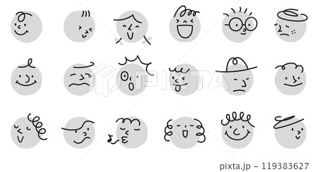 モノクロの丸の上に描かれた、いろいろな表情の抽象的な顔のビンテージ