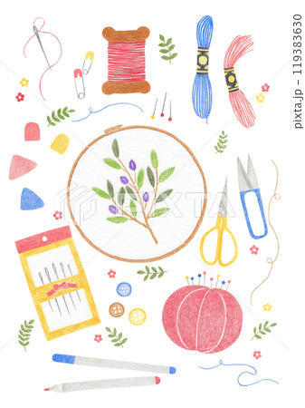 Illustration of embroidery items drawn with colored pencils. 119383630