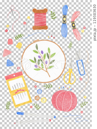 Illustration of embroidery items drawn with colored pencils. 119383630