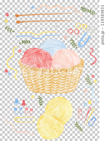 Illustration of knitting items drawn with colored pencils 119383631