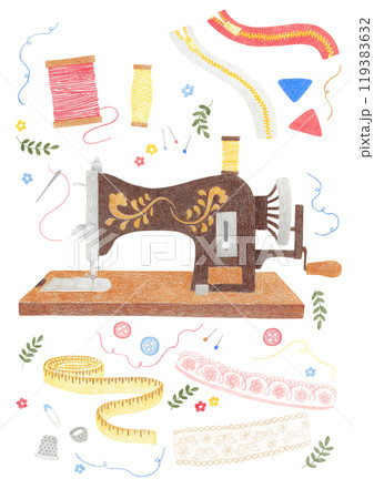 Illustration of sewing items drawn with colored pencils Illustration of sewing items drawn with colored pencils 119383632