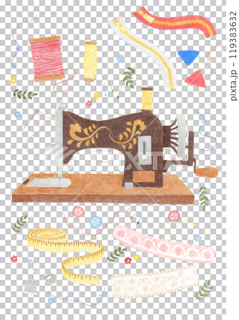 Illustration of sewing items drawn with colored pencils 119383632