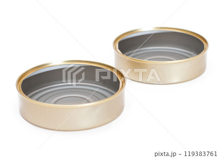 Two Opened Empty Tin Cans Isolated on White Background Two Opened Empty Tin Cans Isolated on White Background 119383761