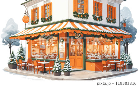 クリスマスのレストラン│雪のテラス席│オレンジ色の装飾│イラスト