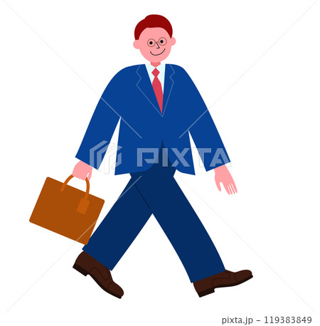 堂々と歩くスーツを着てビジネスバッグを持ったメガネの男性の全身のイラスト 119383849
