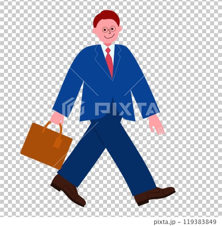 堂々と歩くスーツを着てビジネスバッグを持ったメガネの男性の全身のイラスト 119383849