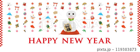 招き巳の横長の白い年賀状_HAPPY NEW YEAR 招き巳の横長の白い年賀状_HAPPY NEW YEAR 119383873