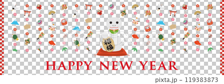 招き巳の横長の白い年賀状_HAPPY NEW YEAR 招き巳の横長の白い年賀状_HAPPY NEW YEAR 119383873