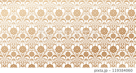 flower damask seamless pattern golden colors isolated white background. Elegant luxury texture for wallpapers, backgrounds and page fill, surface textures, books covers, fabrics printing, wraps papers 119384060