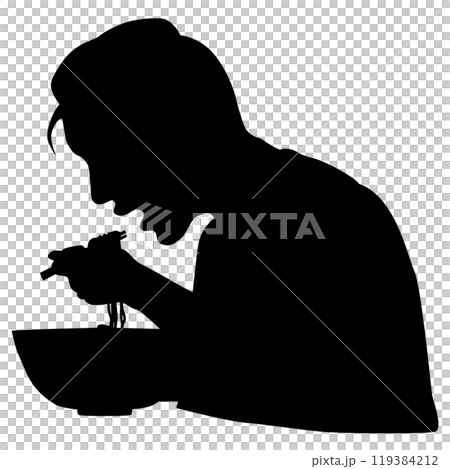 Silhouette illustration of a man slurping ramen 119384212