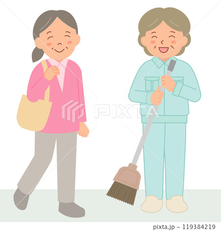 笑顔を交わすシニア女性と清掃スタッフ 119384219