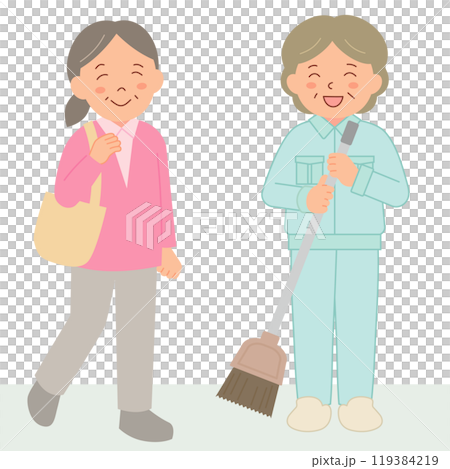 Senior woman and cleaning staff smiling 119384219