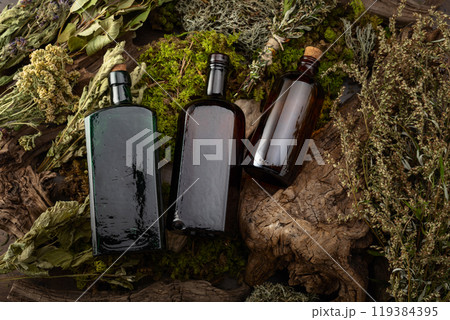 Vintage bottles with tinctures and various dried herbs. Vintage bottles with tinctures and various dried herbs. 119384395