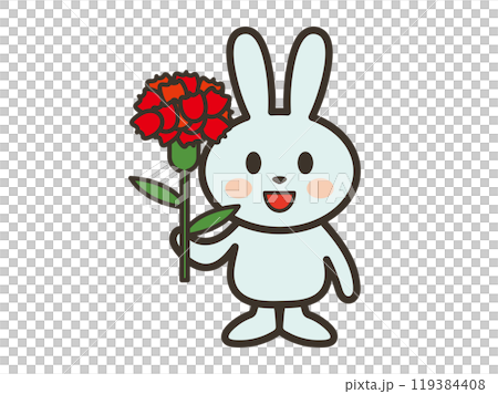 笑顔でカーネーションを持つかわいいうさぎさんのイラスト 笑顔でカーネーションを持つかわいいうさぎさんのイラスト 119384408