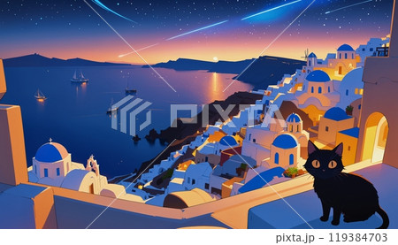 サントリーニ島の夜景│星空と海│猫│美しい風景│イラスト 119384703