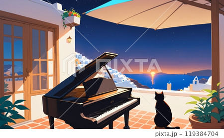 海辺のピアノ│夕焼けの風景│猫と音楽│リゾート地 119384704