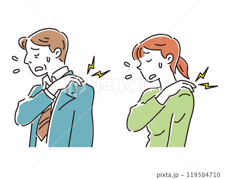 肩が痛くて困っているビジネスマン男性と若い女性 119384710