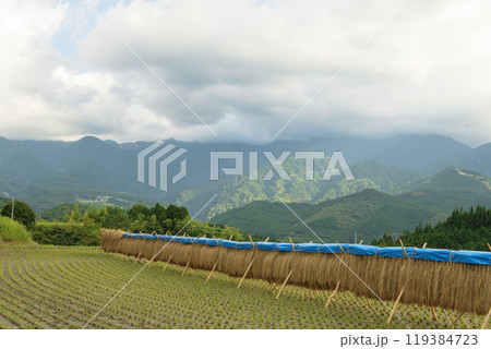 岐阜県【木曽・中山道・馬籠宿】稲を稲架で乾かしている風景・9月 岐阜県【木曽・中山道・馬籠宿】稲を稲架で乾かしている風景・9月 119384723