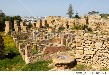 Ruins of Punic Quarter in Carthage against backdrop of modern city 119384971