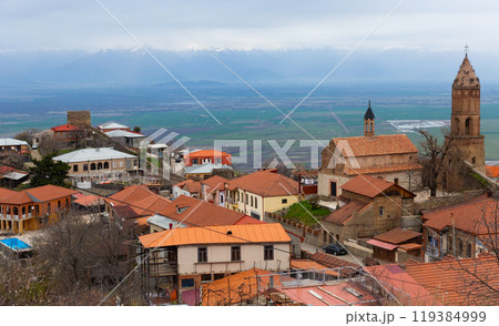 Scenic spring view of Sighnaghi on background of Alazani valley and Greater Caucasus Scenic spring view of Sighnaghi on background of Alazani valley and Greater Caucasus 119384999