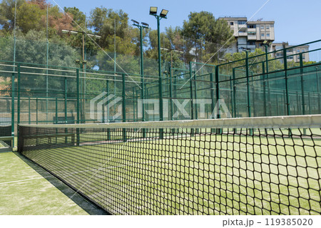 Close-up of net on tennis court, stadion, arena. Sport lifestyle background. Concept of professional game sports 119385020