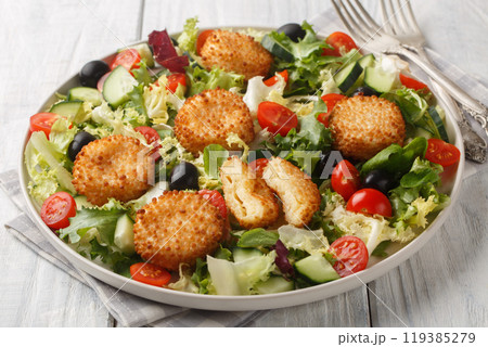 Seasonal salad of fried cheese with tomatoes, cucumber, olives and mixed lettuce close-up in a plate. Horizontal 119385279