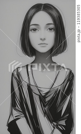 鉛筆のデッサンのようなモノトーンの女性の肖像のイラスト素材