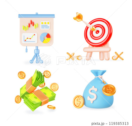 3d set of business and finance icon. Isolated flipchart with charts and diagrams, target with arrow, paper cash, money bag with dollar coins. Work strategy, goal achievement, success. 3D illustration 3d set of business and finance icon. Isolated flipchart with charts and diagrams, target with arrow, paper cash, money bag with dollar coins. Work strategy, goal achievement, success. 3D illustration 119385313