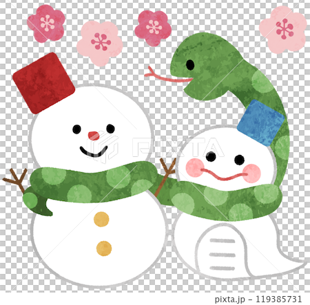 Year of the Snake: Cute snowman and snake New Year's card icon illustration Year of the Snake: Cute snowman and snake New Year's card icon illustration 119385731