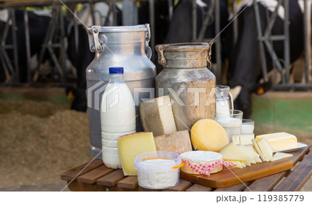 Fresh natural farm dairy products on table in cowshed 119385779
