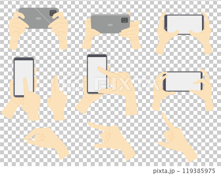 ゲーム等スマートフォンを操作する手のカラー線少な目イラストセット 119385975