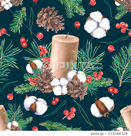 Seamless pattern for Christmas. Fir branches, pinecones, candle, holly twigs, berries, cotton. Hand drawn illustration on dark blue background. For printing on paper, postcards, scrapbooking, fabric. 119386126